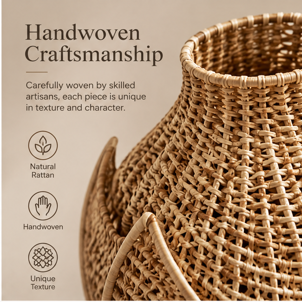 Leaf-inspired rattan vase styled on a neutral console