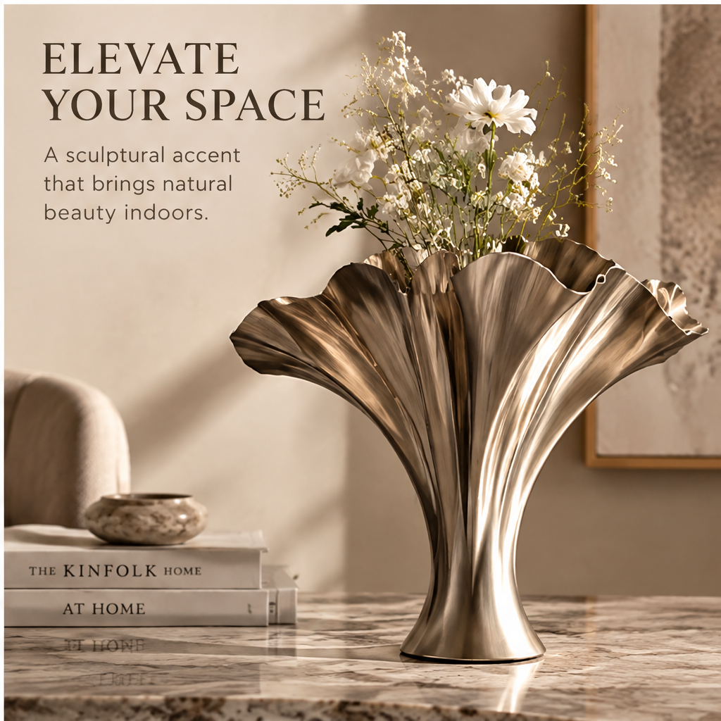 Ruffled fan metal vase styled with flowers on a console