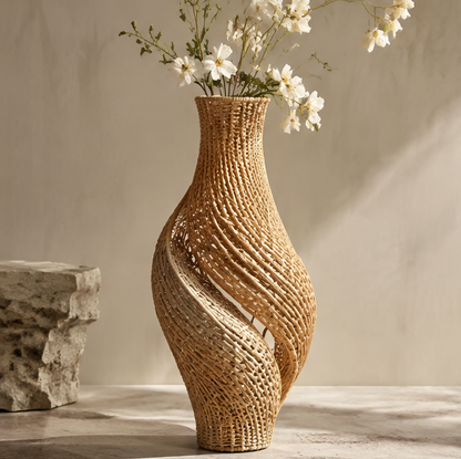 SPIRAVE twisted rattan vase styled with white flowers, without text overlay