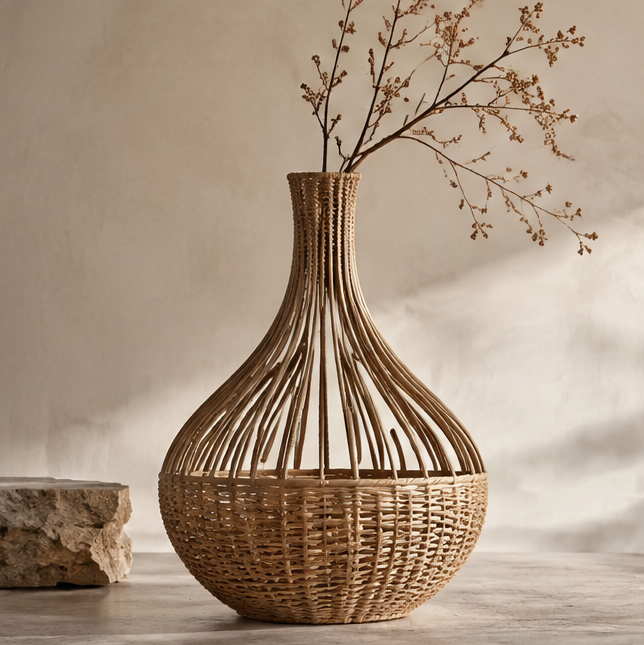 SPIRAVE teardrop rattan vase with open ribbed upper body and woven rounded base