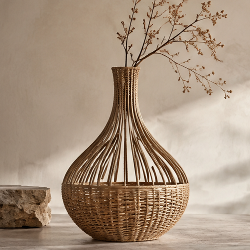 SPIRAVE teardrop rattan vase with open ribbed upper body and woven rounded base