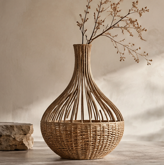 SPIRAVE teardrop rattan vase with open ribbed upper body and woven rounded base