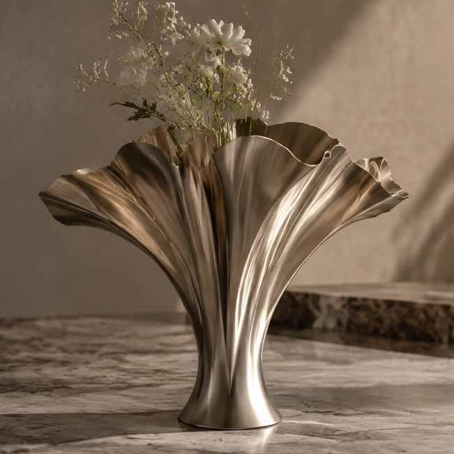 SPIRAVE ruffled fan-shaped metal vase styled with delicate flowers, without text overlay