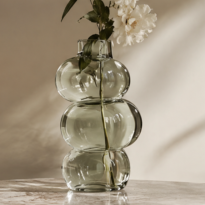 SPIRAVE smoky green triple-orb glass vase styled with white flowers, without text overlay