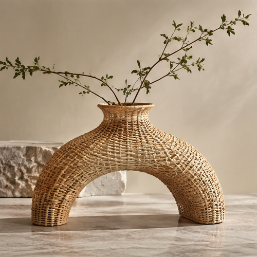 SPIRAVE arch-shaped woven rattan vase with two feet and a central neck, styled with branches