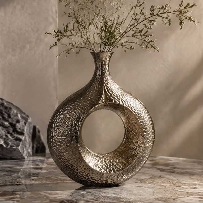 SPIRAVE textured ring metal vase styled with delicate branches, without text overlay
