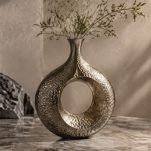 SPIRAVE textured ring metal vase styled with delicate branches, without text overlay