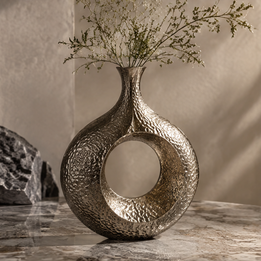 SPIRAVE textured ring metal vase styled with delicate branches, without text overlay
