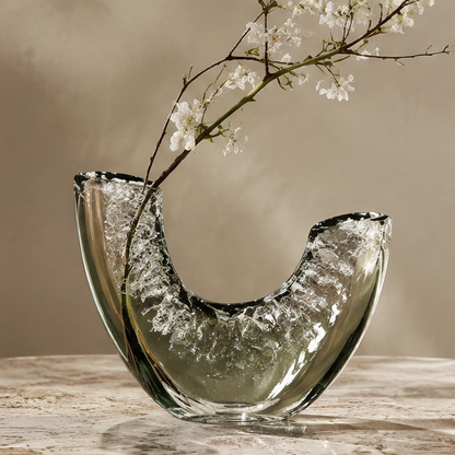 SPIRAVE U-shaped textured glass vase styled with a flowering branch, without text overlay