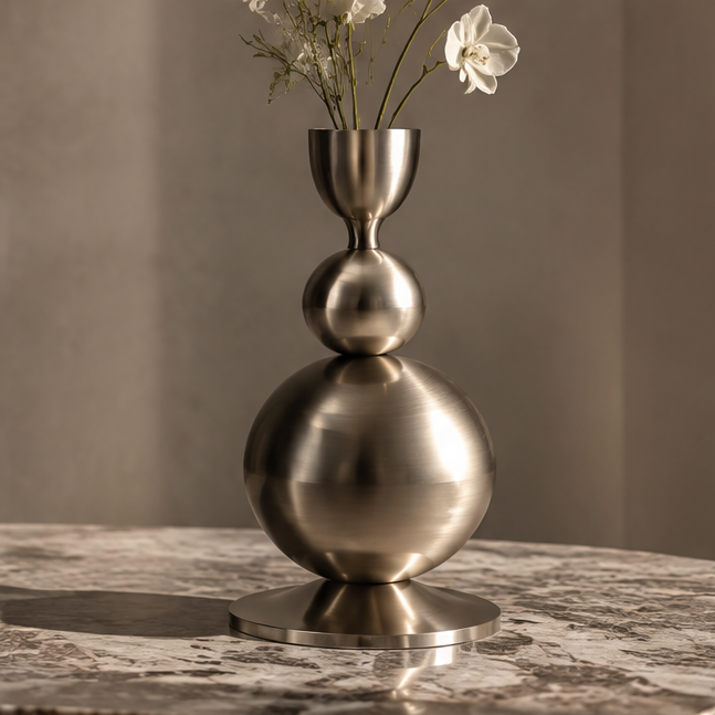 SPIRAVE stacked orb metal vase with a cup-shaped opening, styled with white flowers, without text overlay