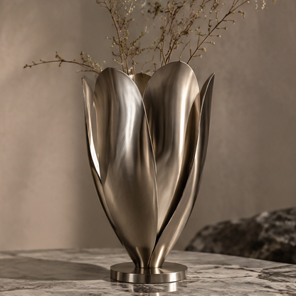 SPIRAVE layered petal metal vase styled with delicate branches, without text overlay
