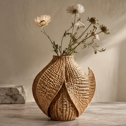 SPIRAVE sculptural rattan vase with layered leaf-like panels, styled with flowers