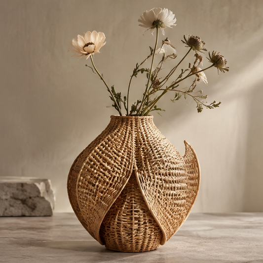 SPIRAVE sculptural rattan vase with layered leaf-like panels, styled with flowers