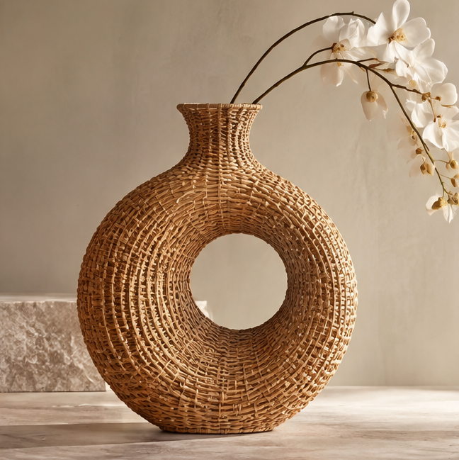 SPIRAVE ring-shaped rattan vase with an open circular center, styled with white blooms