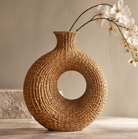 SPIRAVE ring-shaped rattan vase with an open circular center, styled with white blooms