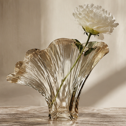SPIRAVE fan-shaped glass vase with a ruffled rim, styled with one white bloom, without text overlay