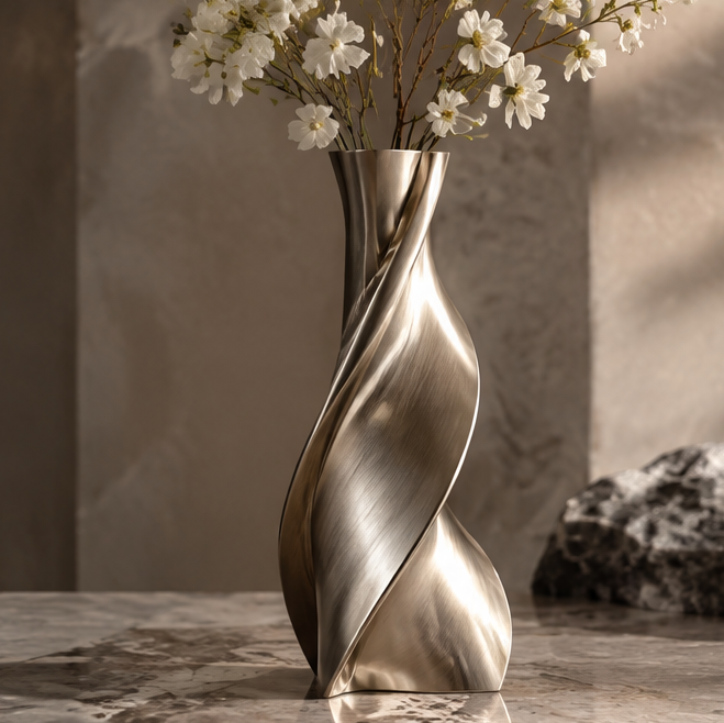 SPIRAVE twisted metal vase styled with white flowers, without text overlay