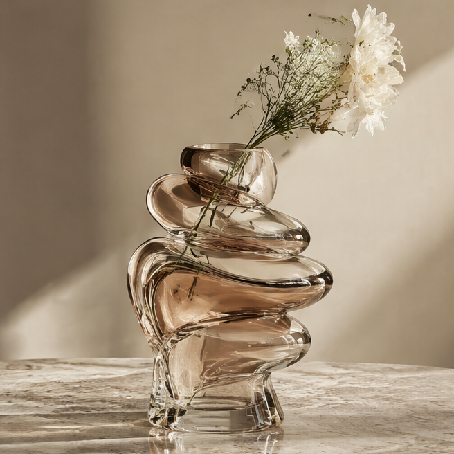 SPIRAVE smoky swirl glass vase styled with white flowers, without text overlay