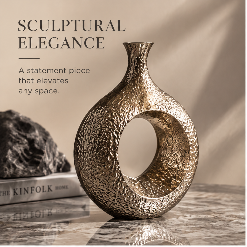Full view of the open ring metal vase with a slender flared neck