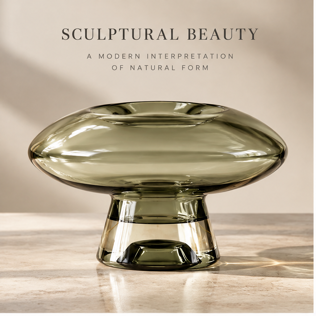 Full view of the broad saucer-shaped glass body and short pedestal base