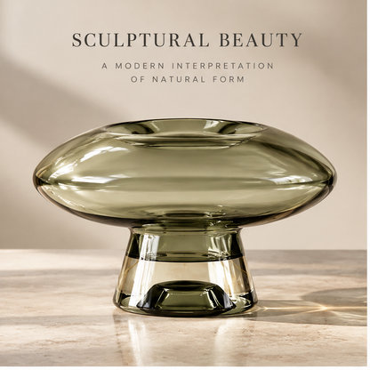 Full view of the broad saucer-shaped glass body and short pedestal base