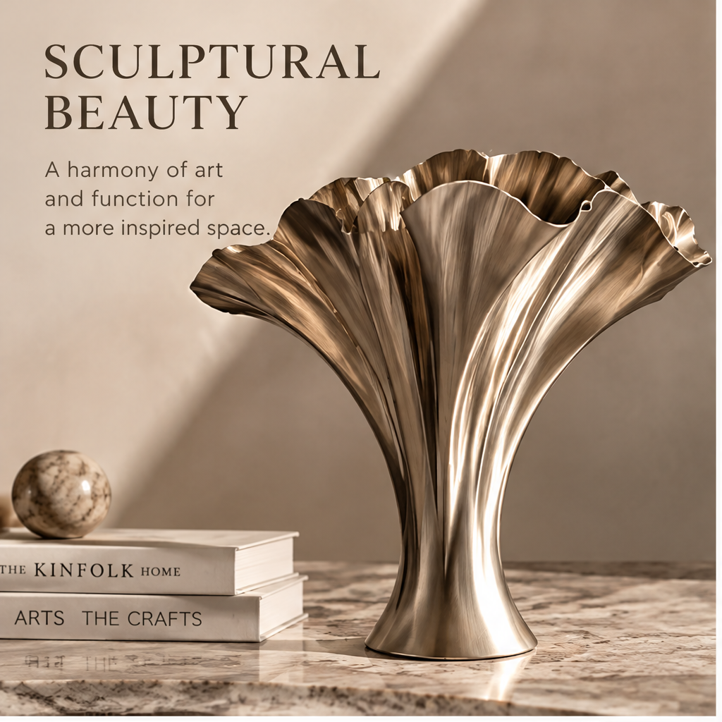 Metal vase resting on its side, showing its circular underside and sculptural folds