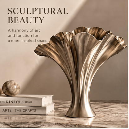 Metal vase resting on its side, showing its circular underside and sculptural folds