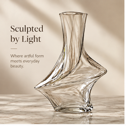 Full view of the clear glass vase showing its elongated neck and asymmetric twisted body