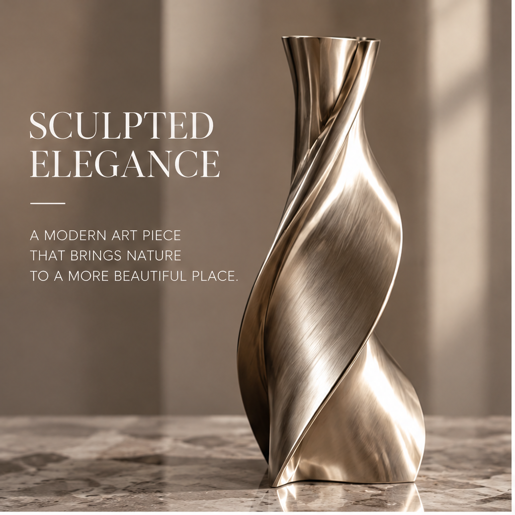 Full view of the slender sculptural metal vase with sweeping spiral contours