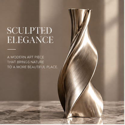Full view of the slender sculptural metal vase with sweeping spiral contours