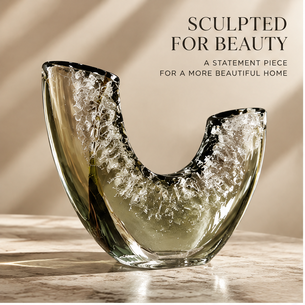 Full view of the asymmetric U-shaped glass vase with twin openings