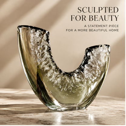 Full view of the asymmetric U-shaped glass vase with twin openings