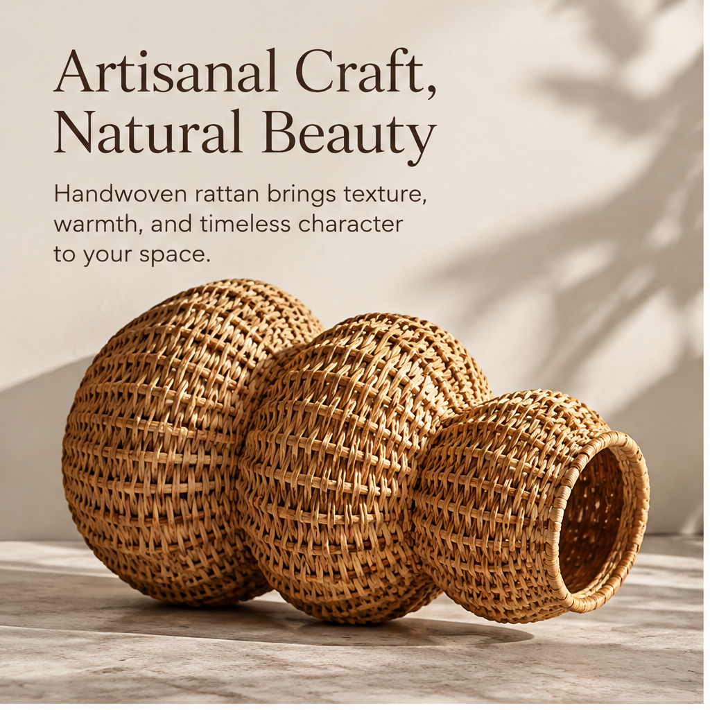 Triple-orb rattan vase dimensions: 45 cm high and 22 cm wide