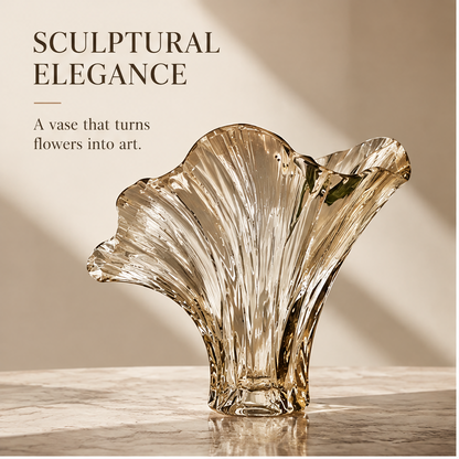 Full view of the sculptural fan-shaped glass vase with radiating texture