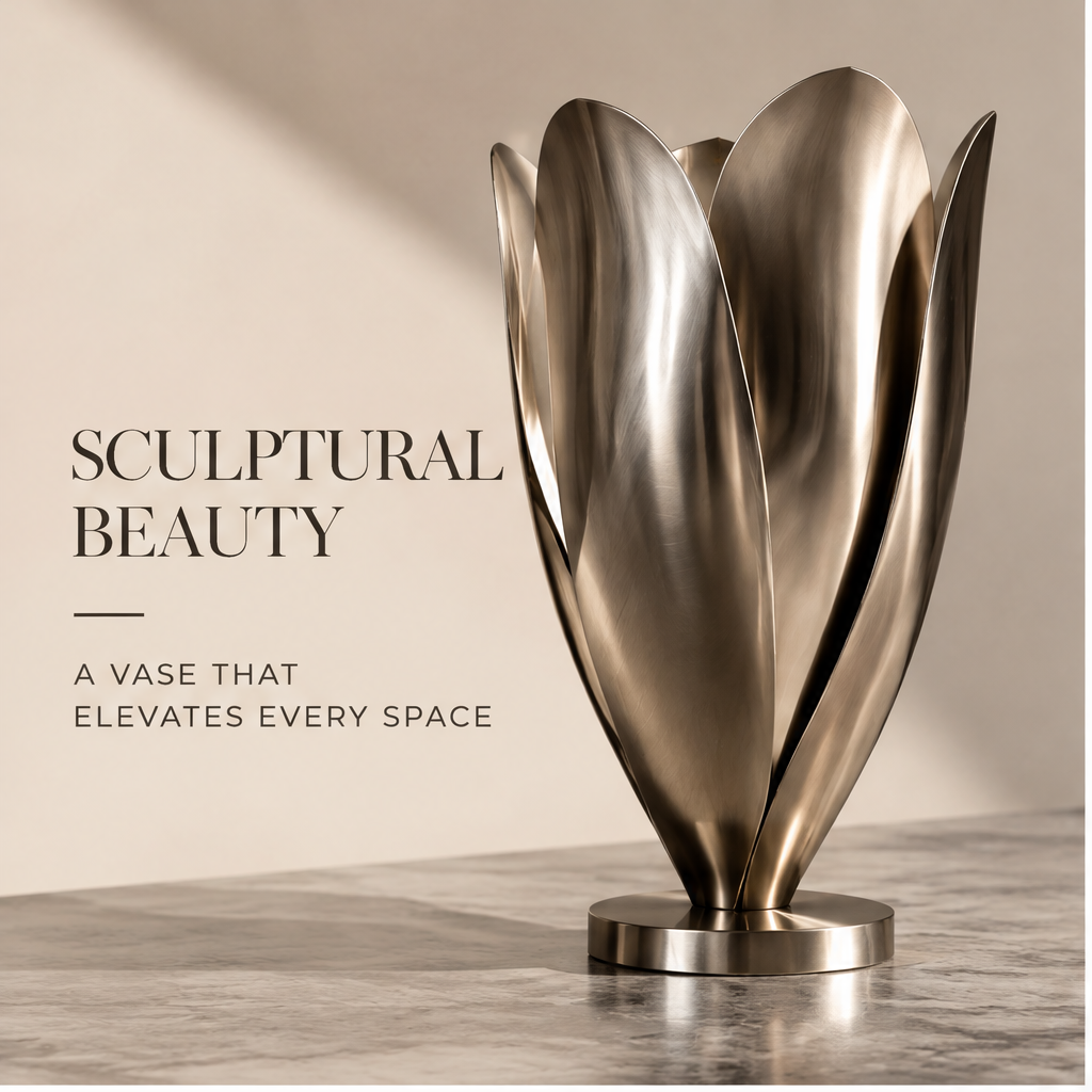 Layered petal metal vase styled with an airy floral arrangement