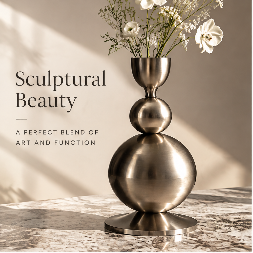 Full view of the metal vase showing two stacked orbs and a circular pedestal