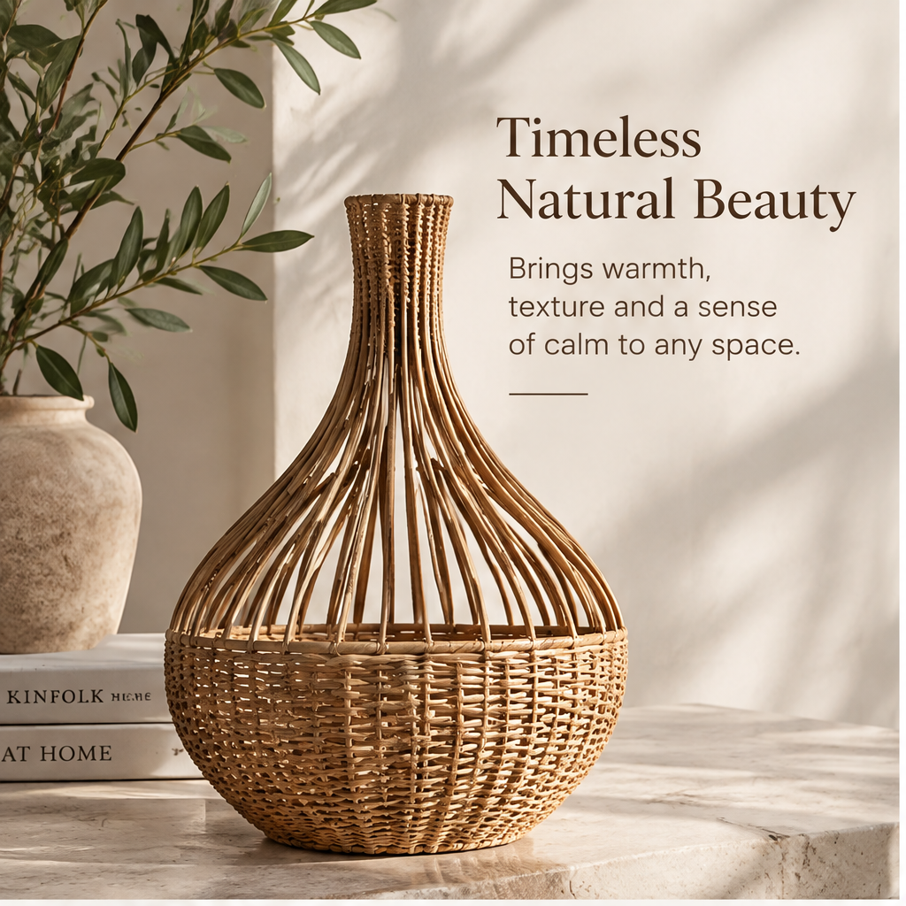 Teardrop rattan vase styled on a console with decorative branches