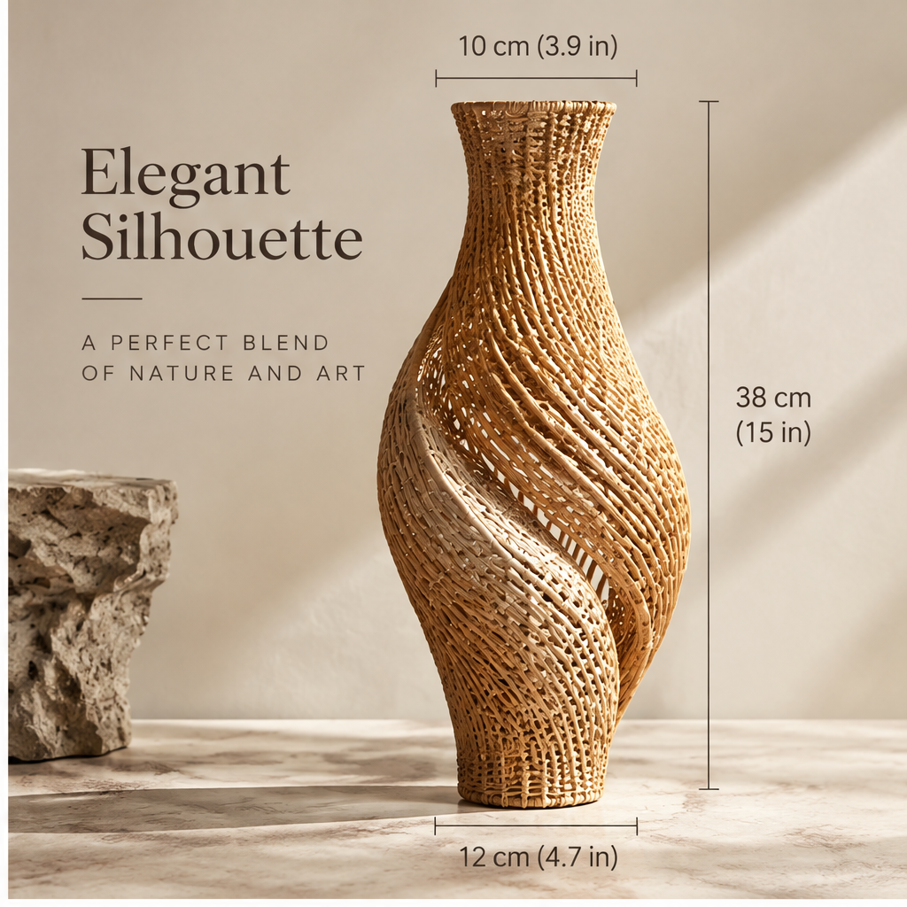 Side view of the sculptural rattan vase showing its open neck and twisting woven body