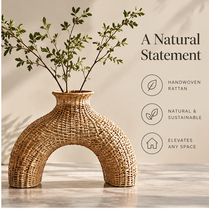 Arch-shaped rattan vase styled with leafy decorative branches