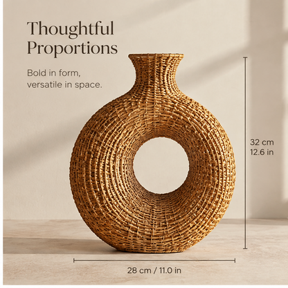 Sculptural ring rattan vase styled with arching white flowers