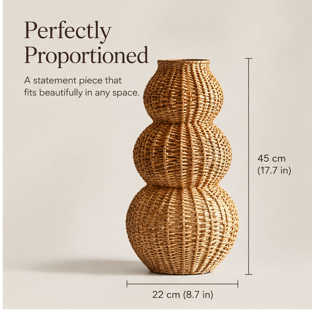 Side view of the three connected rounded sections and woven vase opening