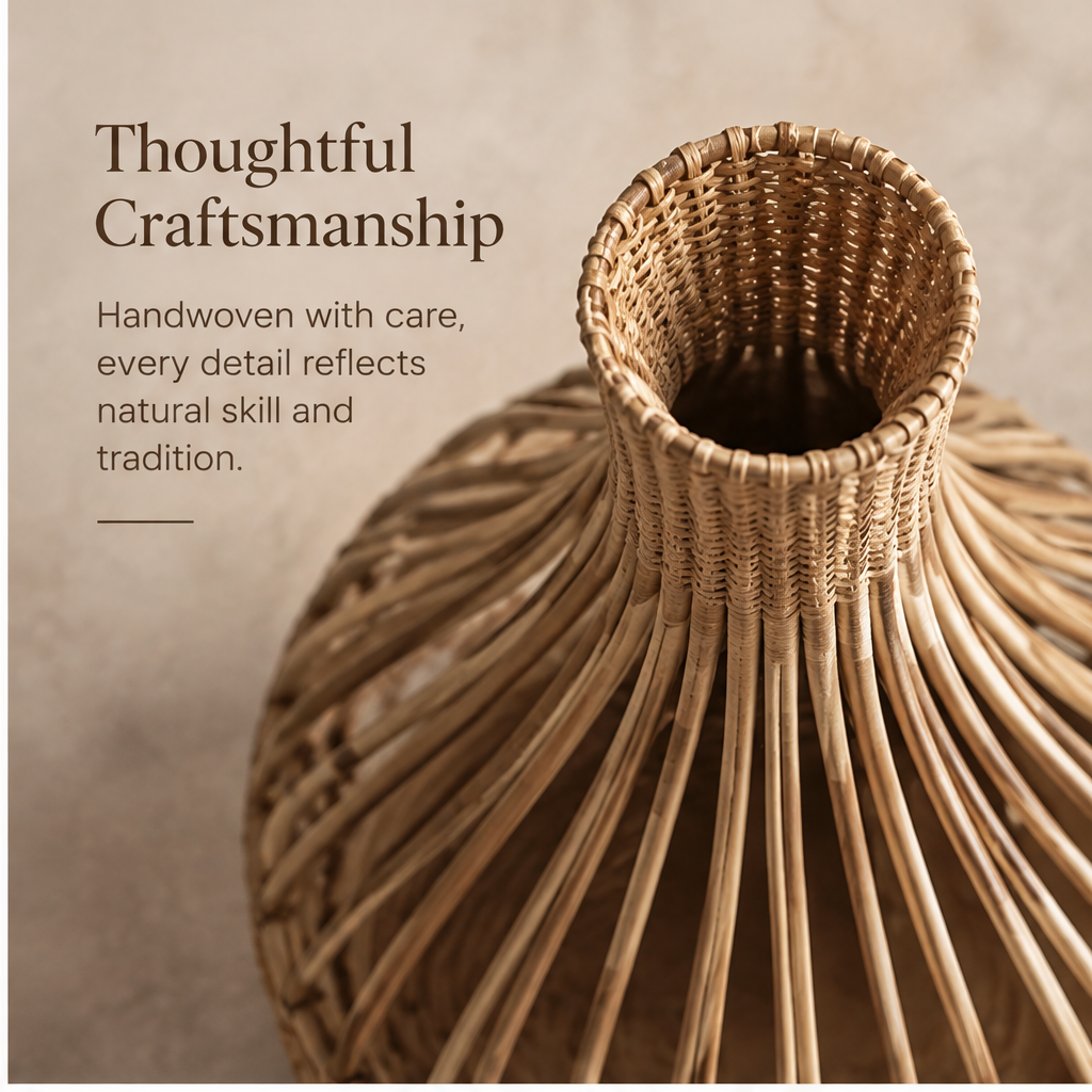 Close-up of the wrapped rim and slender rattan ribs