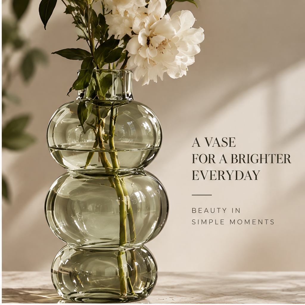 Triple-orb glass vase styled with white blooms and leafy stems on a console