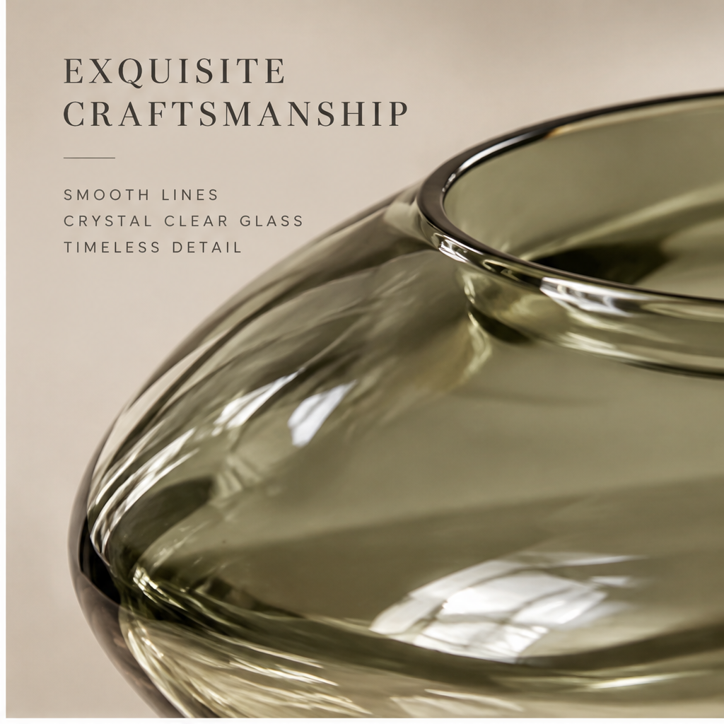 Smoky olive-toned pedestal glass vase styled with delicate white flowers