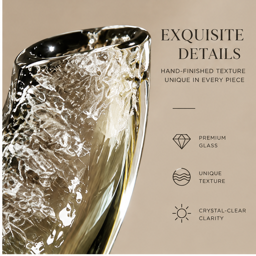 Textured U-shaped glass vase styled on a console with white flowering branches