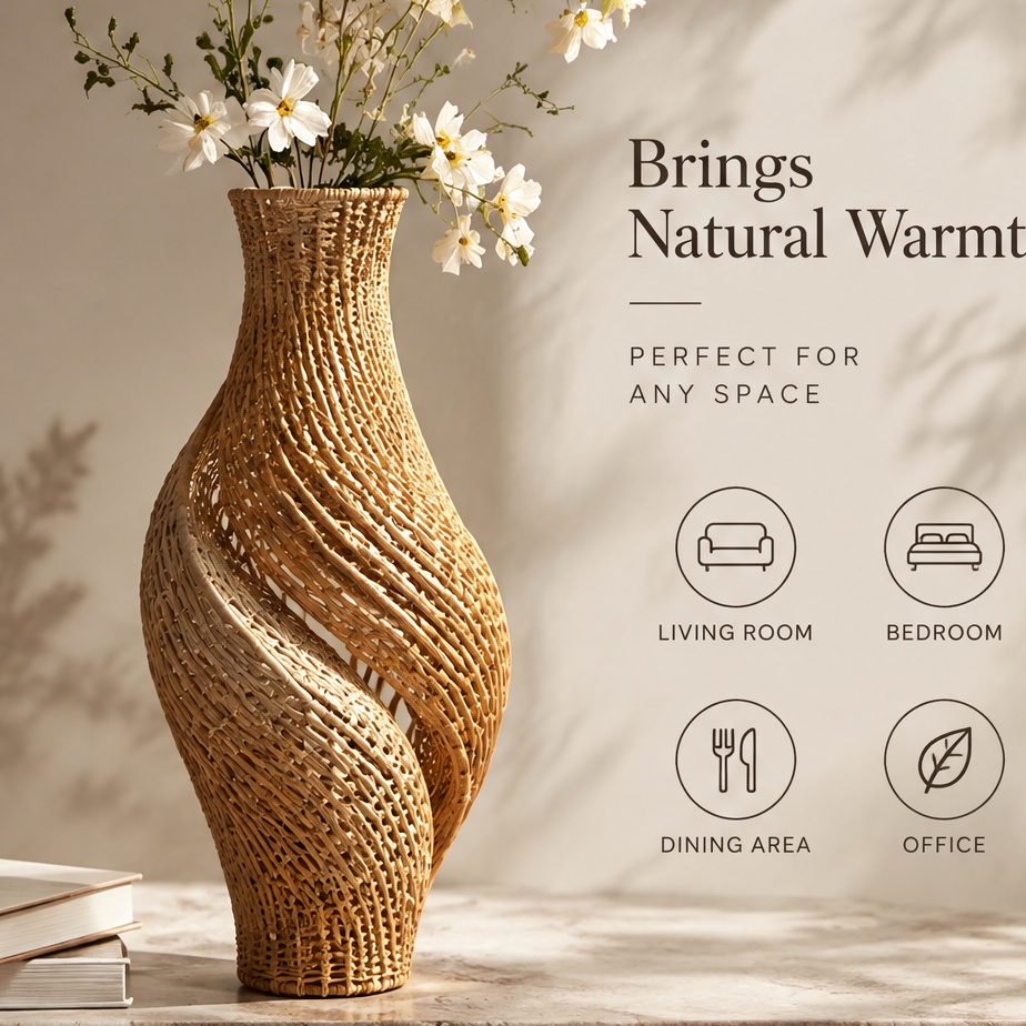 Close-up of the curved openwork weave on the rattan vase