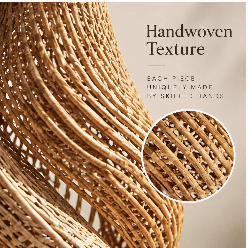Twisted rattan vase dimensions: 38 cm tall, 10 cm top width and 12 cm base width