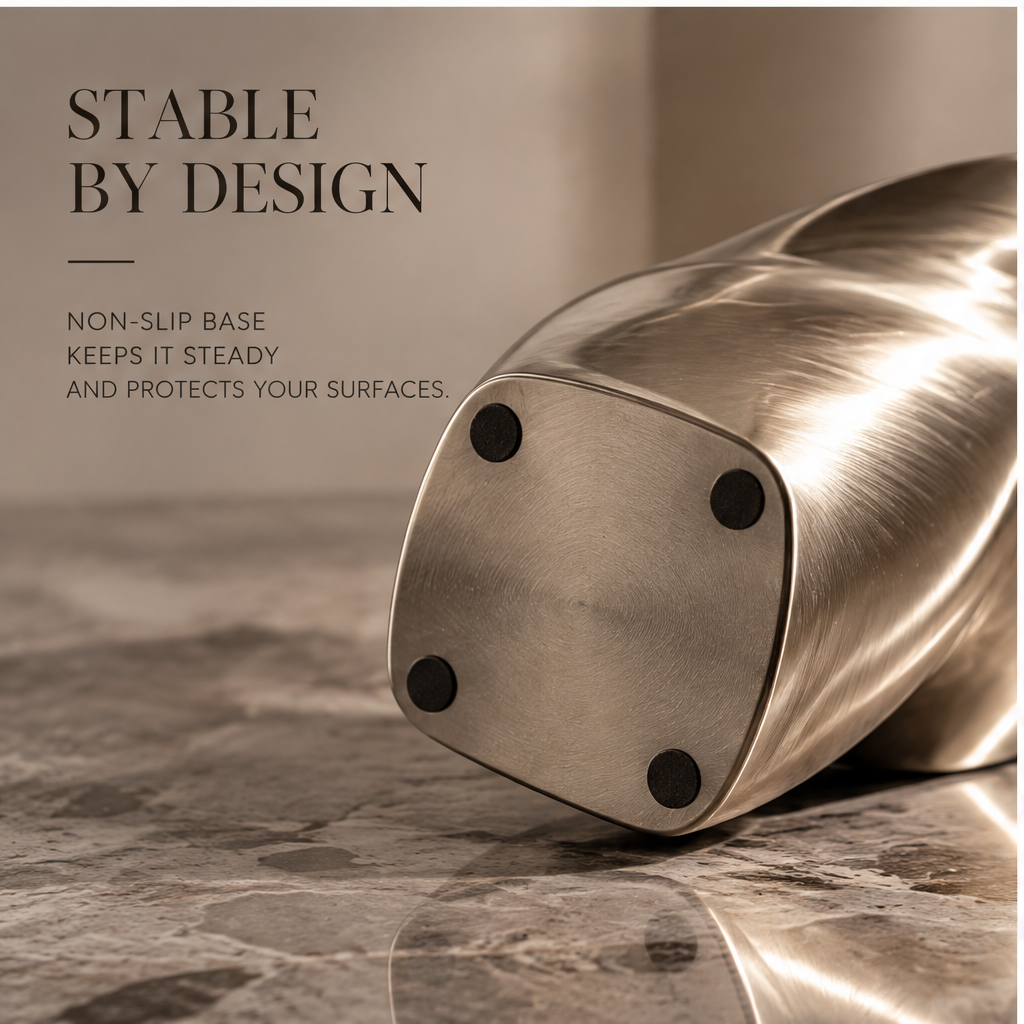Close-up of the flared opening, spiral ridge, and brushed metal texture