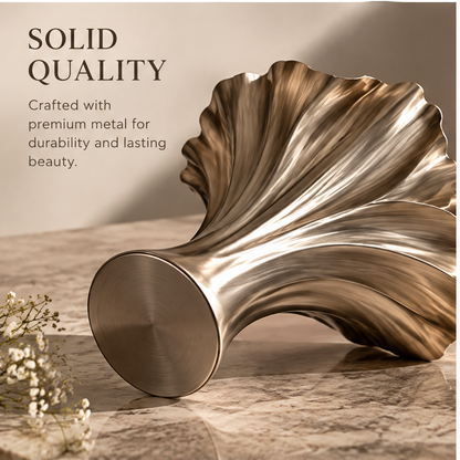 Full view of the fan-shaped metal vase showing the ruffled rim and narrow waist