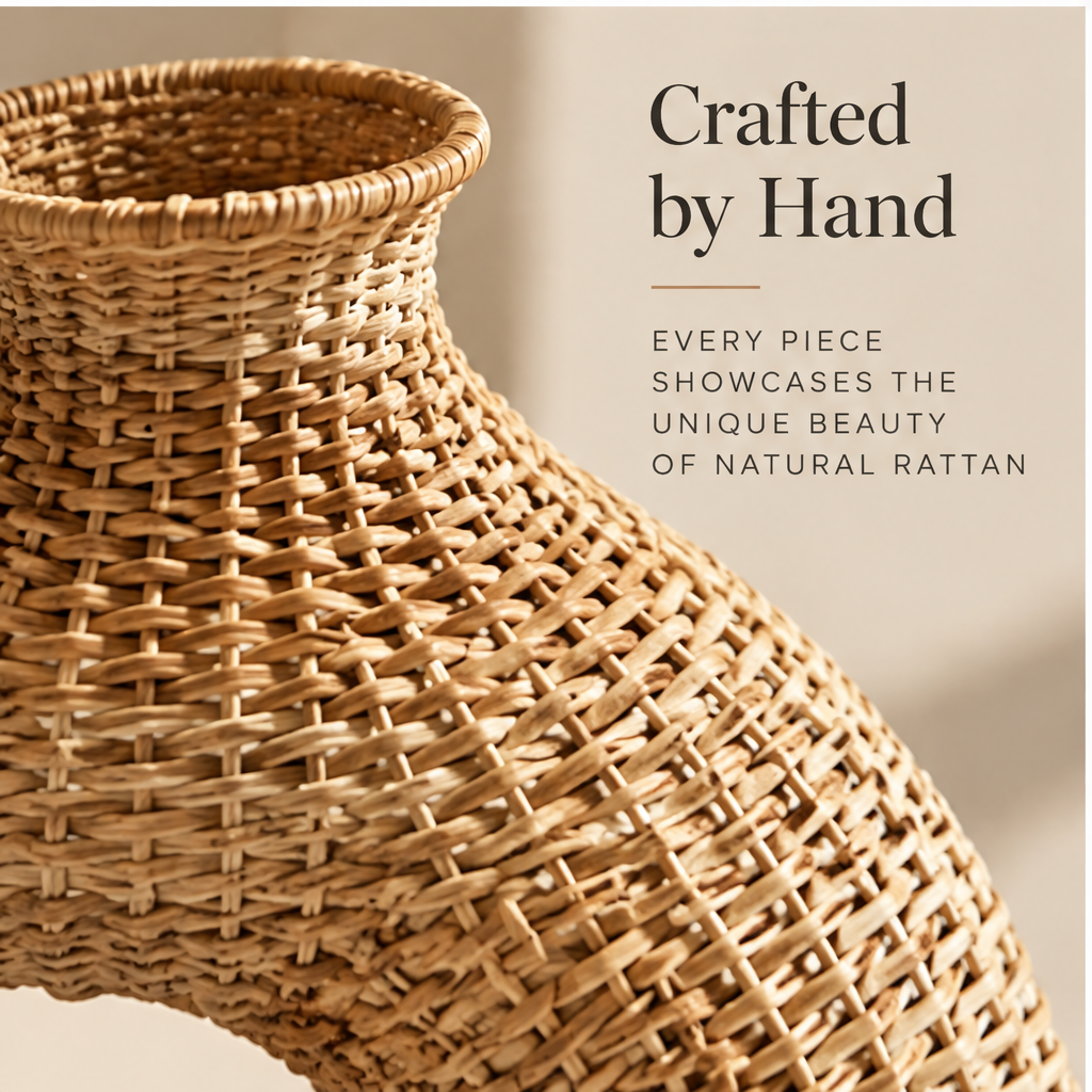 Three-quarter view of the sculptural arch rattan vase